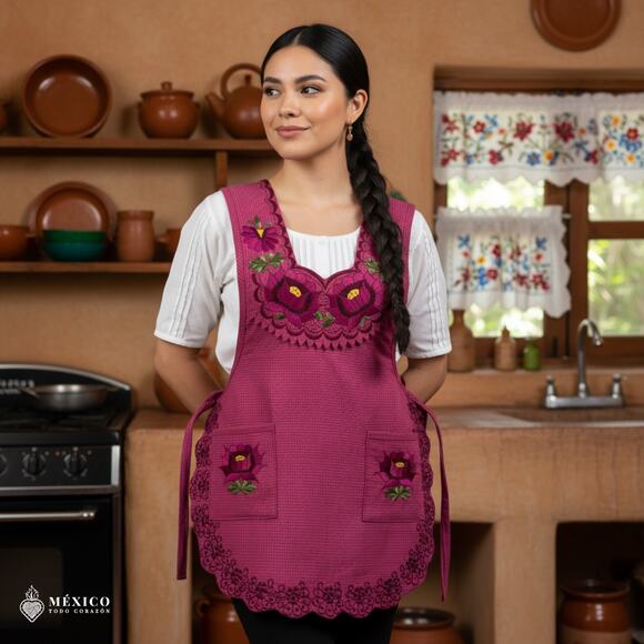 Cherry Mexican Embroidered Smock Apron – Floral Traditional Design for Women - Picture 2 of 8
